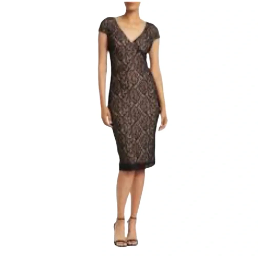 Rebecca Taylor Black Lace Pencil Sheath Dress Cocktail Midi Size Small